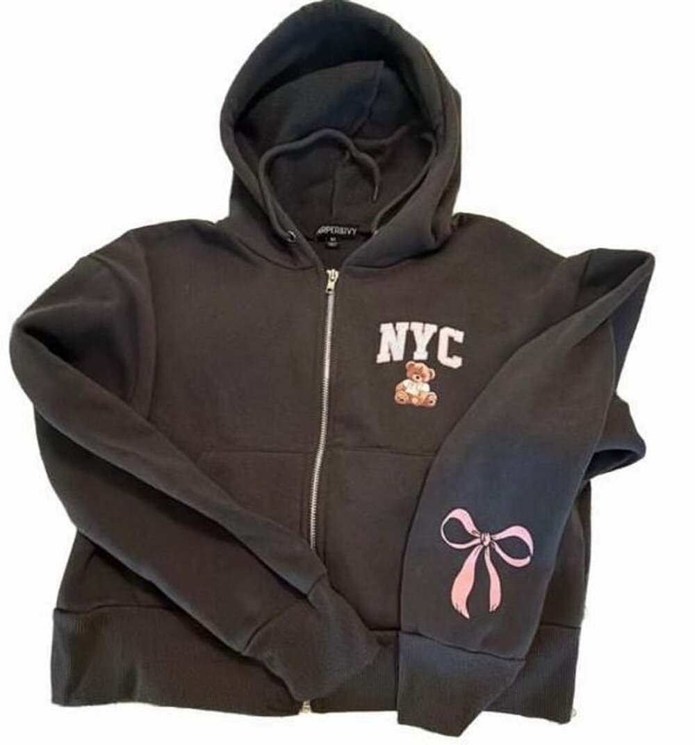 Harper & Ivy Black NYC Teddy Bear Graphic Zip-Up Hoodie womens Size  XS